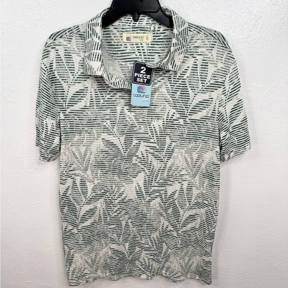 Laguna Swim Men's Polo Shirt Green/White Leaf Print Stripe Size M